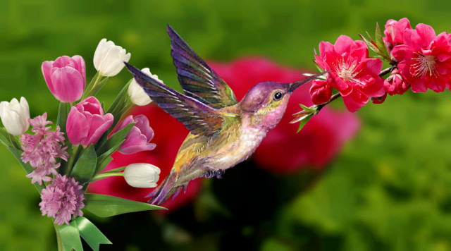 Hummingbird hovering flowers field vase free wallpaper - medium preview image