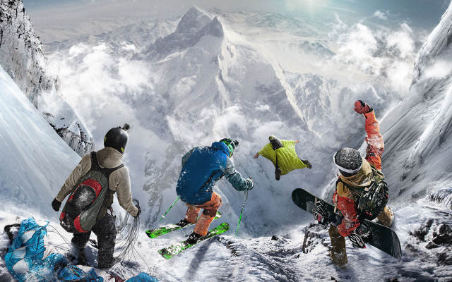 Snowboarders jumping mountain air background free wallpaper - medium preview image