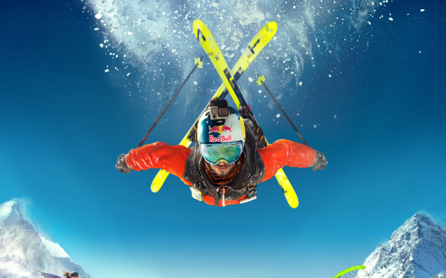 Skier air mountains blue sky free wallpaper - medium preview image