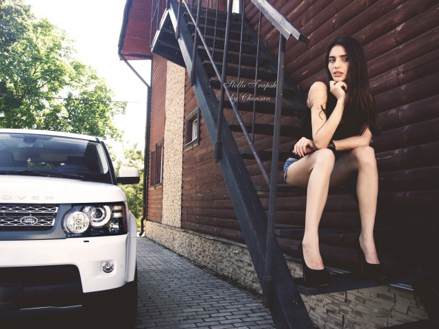 Woman sitting stairs white car free wallpaper - medium preview image