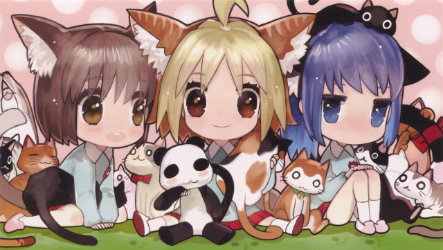 Anime characters grass field cats free wallpaper - medium preview image