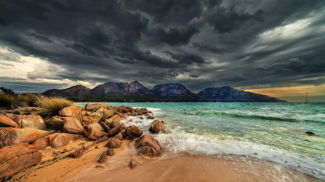 Beach rocky shoreline mountains cloudy free wallpaper - medium preview image