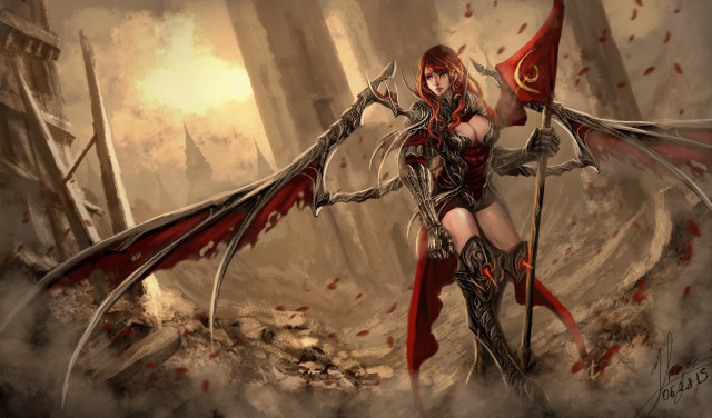 Woman red costume sword flag free wallpaper - medium preview image
