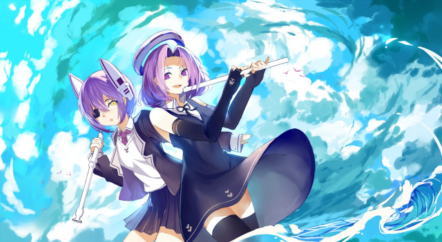 Anime girls blue wave sword free wallpaper - medium preview image