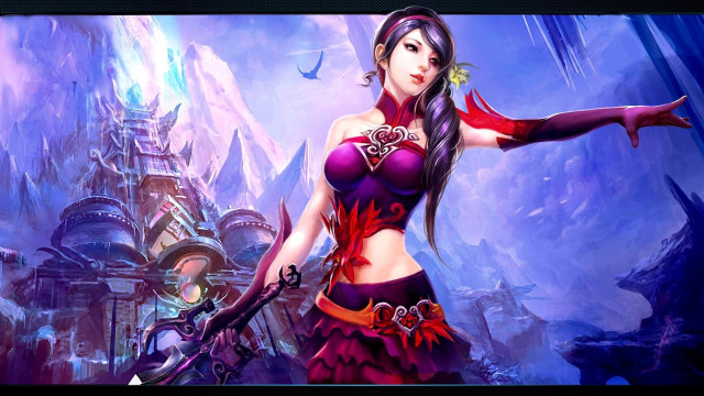 Woman purple outfit sword castle free wallpaper - medium preview image