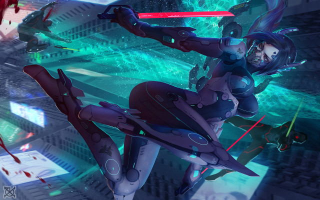 Futuristic woman sword city setting free wallpaper - medium preview image