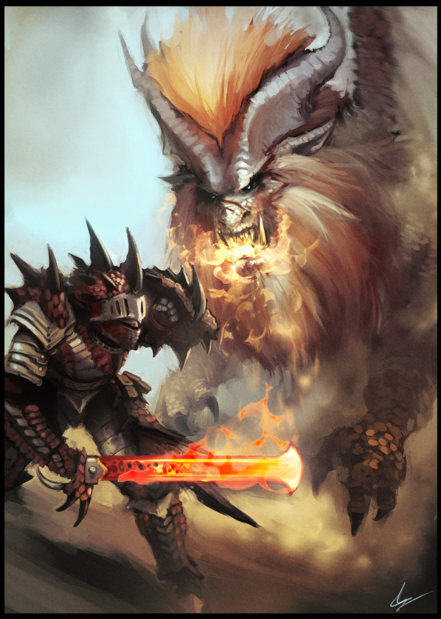 Demonic creatures fighting sword painting free wallpaper - medium preview image