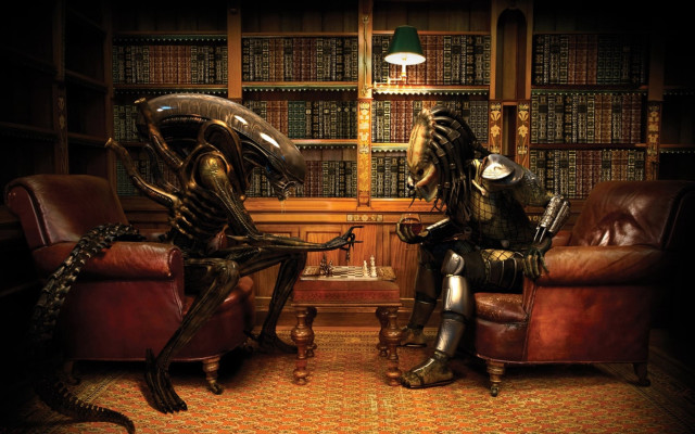 Alien men library chairs bookshelves free wallpaper - medium preview image