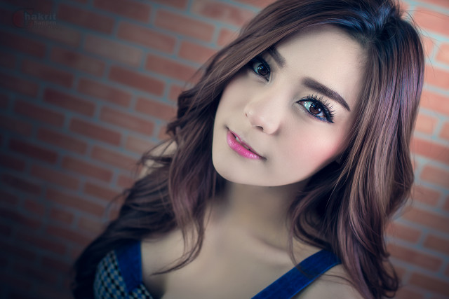 Woman longhair bluedress brickwall portrait free wallpaper - medium preview image