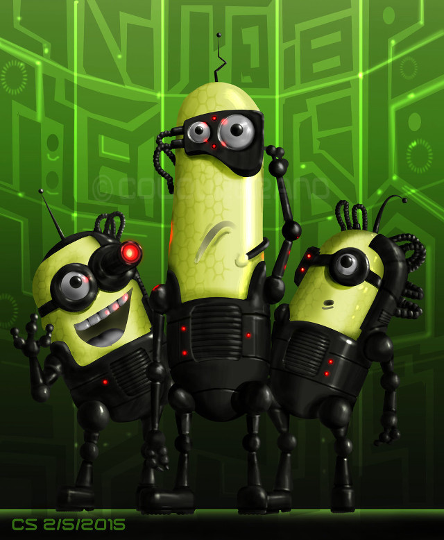 Three little robots green background free wallpaper - medium preview image