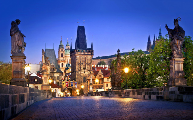Bridge statues clocktower dusk european free wallpaper - medium preview image
