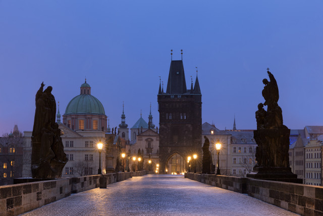 Bridge statues clocktower nighttime lights free wallpaper - medium preview image