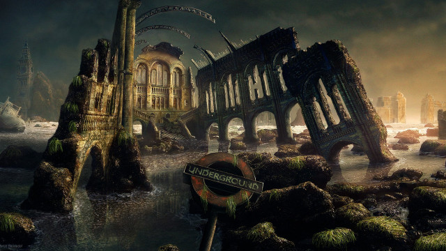 Ruined city sign building background free wallpaper - medium preview image