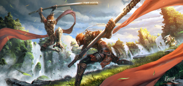 Fighting waterfall sword painting artwork free wallpaper - medium preview image