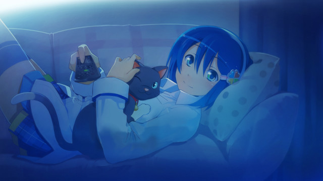 Girl bed cat lap looking free wallpaper - medium preview image