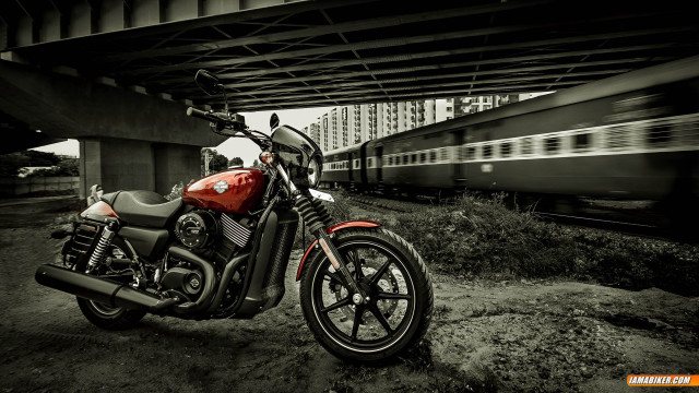 Red motorcycle train bridge cinematic free wallpaper - medium preview image