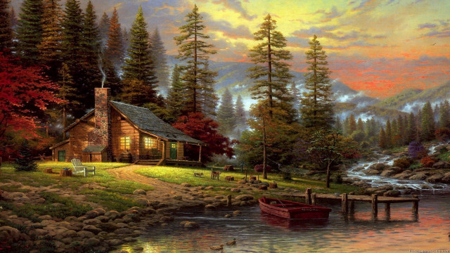 Cabin lake boat mountain painting #2 free wallpaper - medium preview image