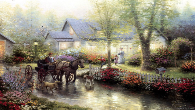 Horse drawn carriage garden flowers free wallpaper - medium preview image