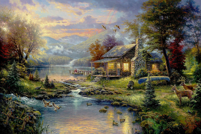 Cabin river ducks geese water free wallpaper - medium preview image