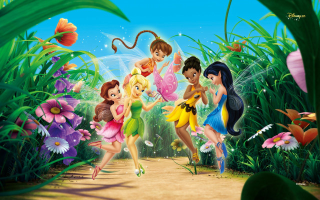 Cartoon tinkerbells running forest flowers free wallpaper - medium preview image