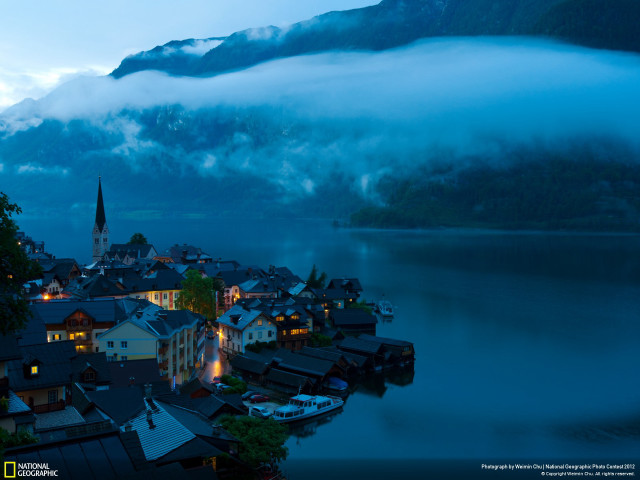 Town mountain lake foggy sky free wallpaper - medium preview image