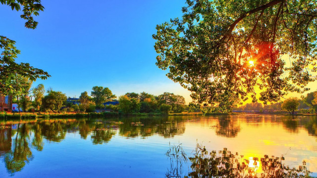 Lake tree building sunset sunshine free wallpaper - medium preview image