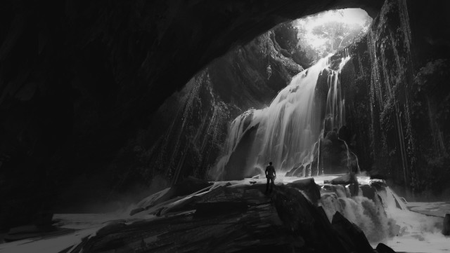 Man cave waterfall distance light free wallpaper - medium preview image
