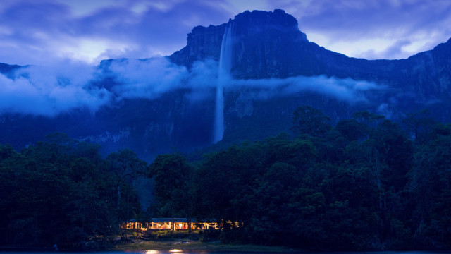 Waterfall night mountains lake boat free wallpaper - medium preview image