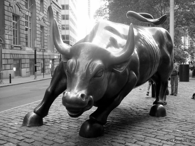 Bull statue city square blackwhite free wallpaper - medium preview image