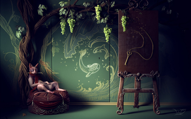 Woman chair tree vines ladder free wallpaper - medium preview image