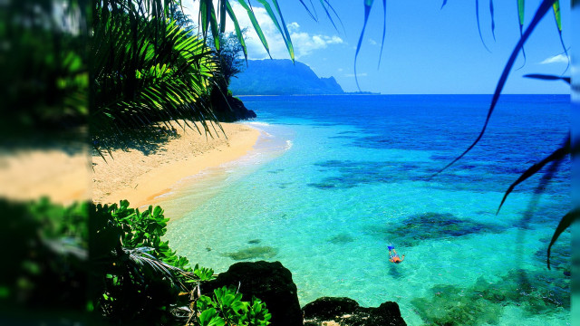 Beach water kayak person cliff free wallpaper for desktop - medium preview image
