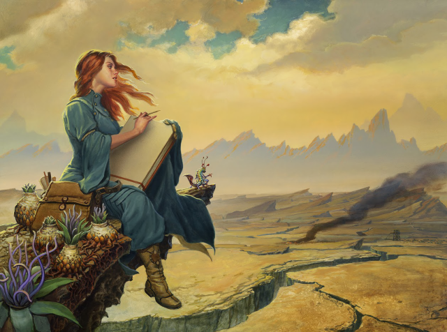 Woman sitting suitcase desert mountains free wallpaper - medium preview image