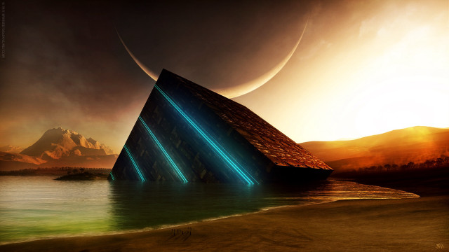 Futuristic building beach mountains distant free wallpaper - medium preview image