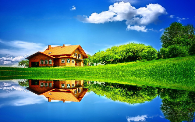 House reflection lake mountains sky free wallpaper - medium preview image