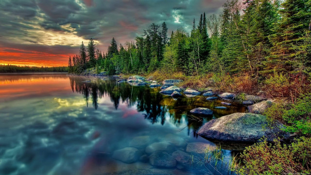 Sunset lake rocks trees cloudy free wallpaper - medium preview image