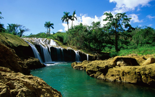 Waterfall forest rocks lake beach free wallpaper - medium preview image