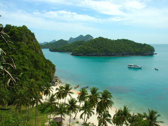 Boat water beach palm trees free wallpaper - medium preview image