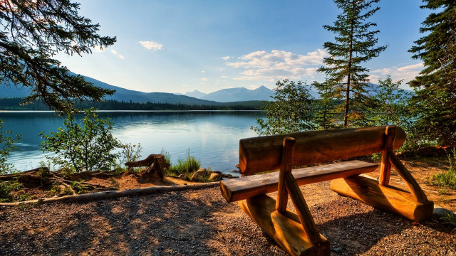 Bench lake mountains blue sky #2 free wallpaper - medium preview image