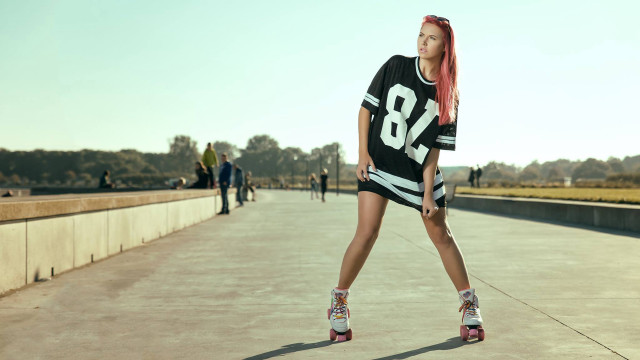 Woman pinkhair rollerskates bridge dog free wallpaper - medium preview image