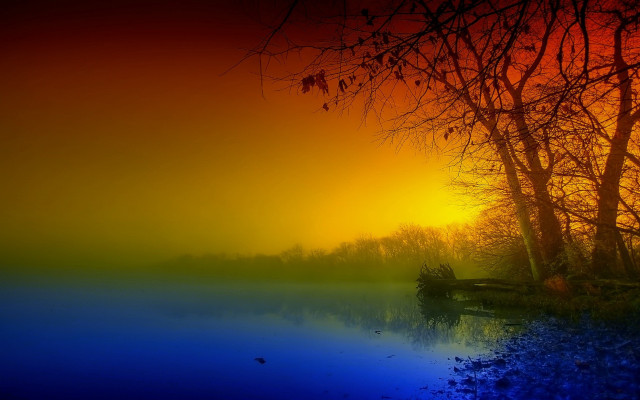 Sunset lake trees boat water free wallpaper - medium preview image