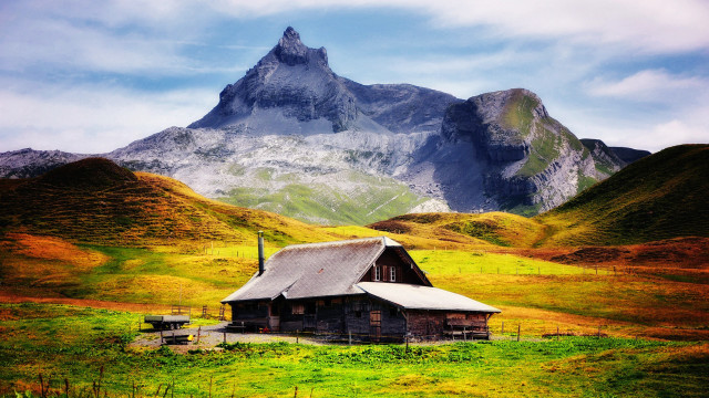 House field mountain sky clouds free wallpaper - medium preview image