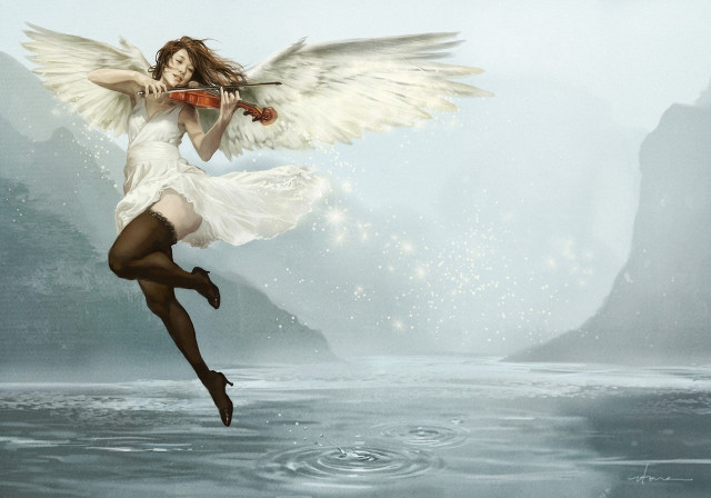 Woman wings violin water mountains free wallpaper - medium preview image