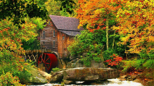 Wooden building river trees rocks free wallpaper - medium preview image