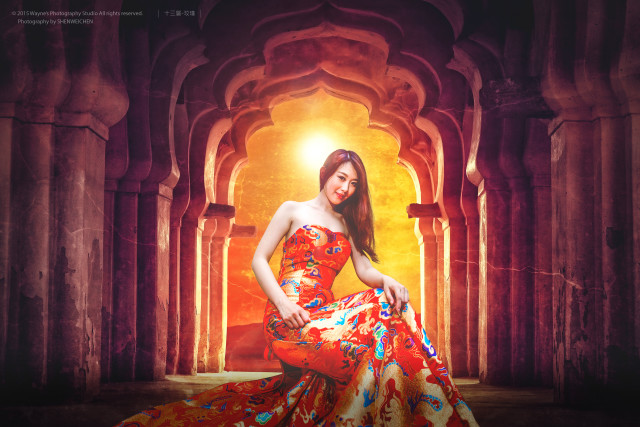 Woman red yellow dress posing free wallpaper - medium preview image