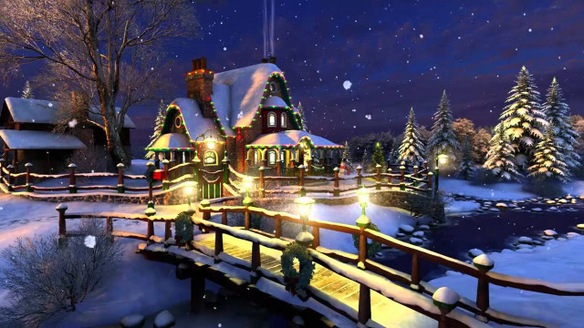Snowy night bridge house lights free wallpaper - medium preview image