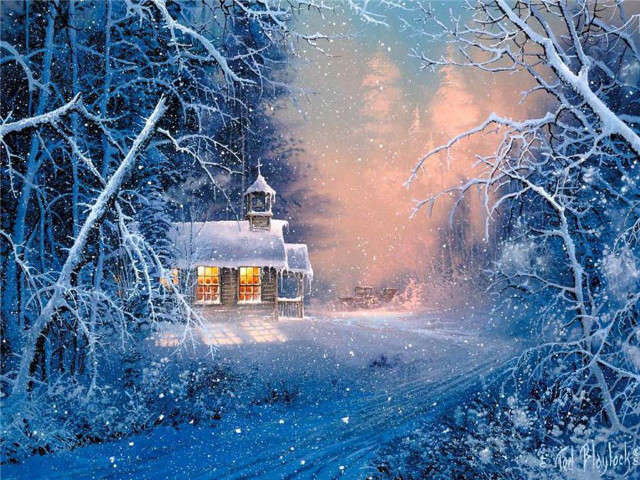 Snowy scene house trees road free wallpaper - medium preview image