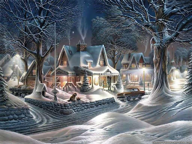 Snowy village car driveway christmas free wallpaper - medium preview image
