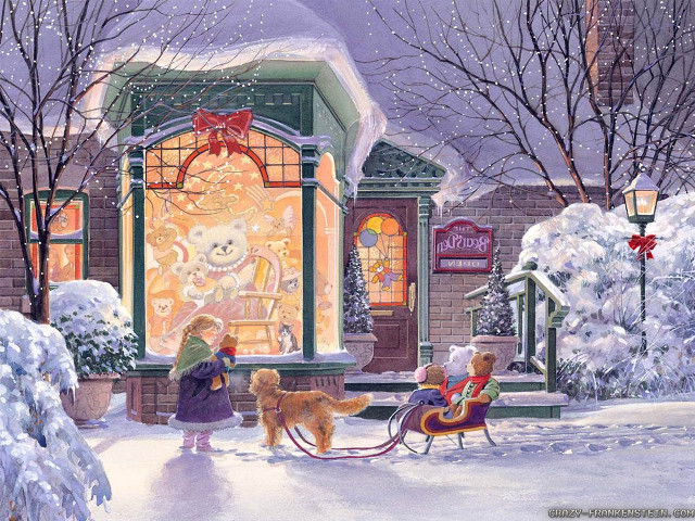Woman dogs snowy town christmas free wallpaper - medium preview image