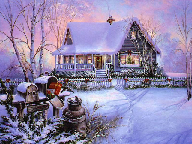 House snow mailbox foreground painting free wallpaper - medium preview image