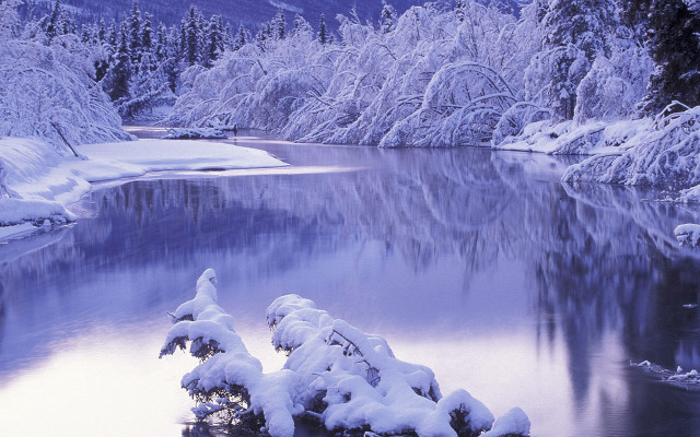 Snowy river island trees mountain free wallpaper - medium preview image